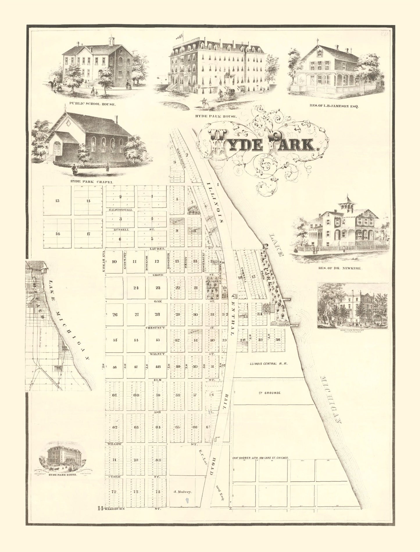 Vintage Hyde Park, Chicago Map, 1870