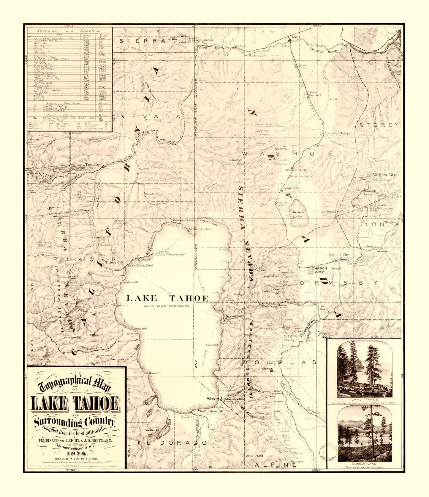 Vintage Topographical Map of Lake Tahoe, California, 1874
