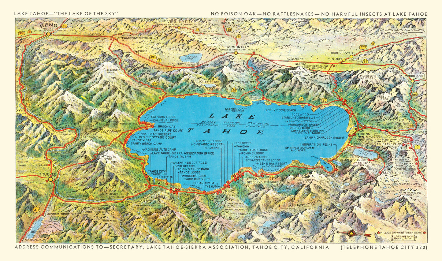 Vintage Map of Lake Tahoe, California, 1935