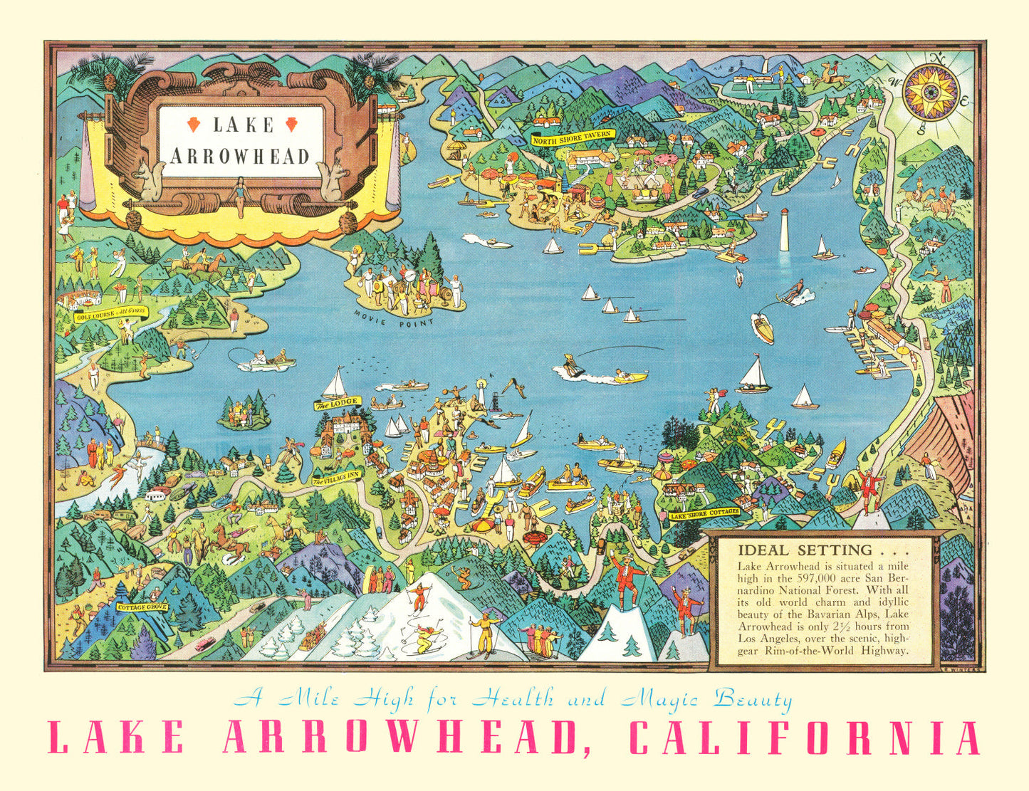 Vintage Pictorial Map of Lake Arrowhead, California, 1938