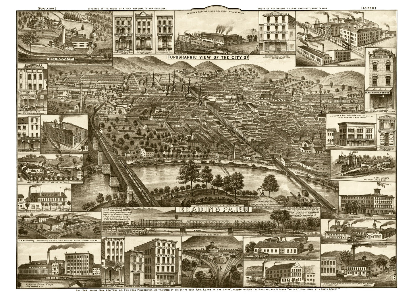 Vintage Map of Reading, Pennsylvania, 1881