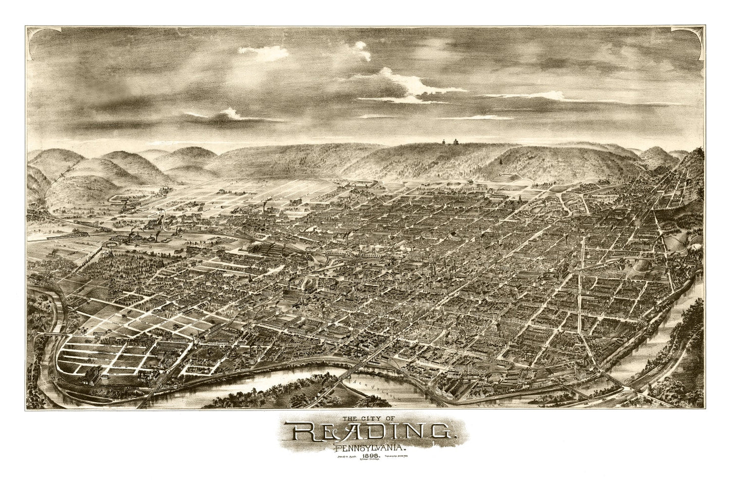 Vintage Map of Reading, Berks County, Pennsylvania, 1898