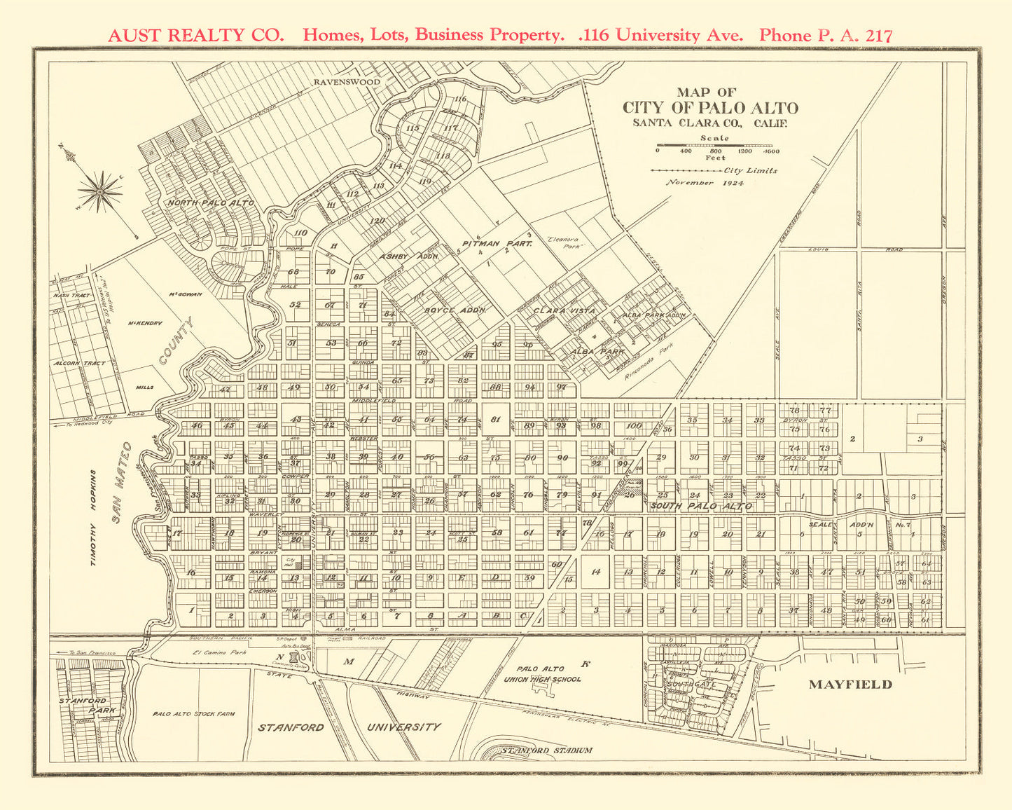 Vintage Map of Palo Alto, California, 1924