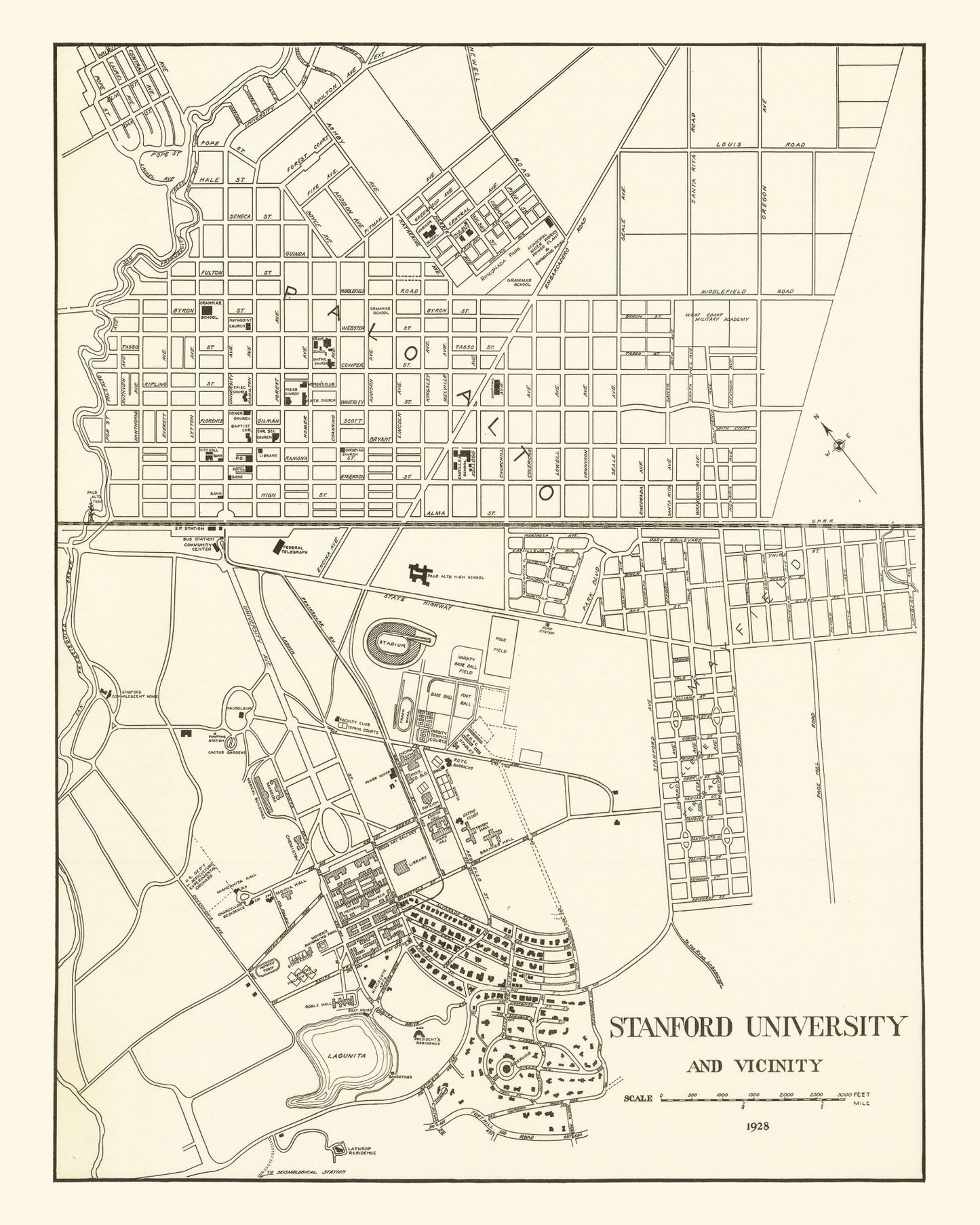 Vintage Map of Stanford University, California, 1928
