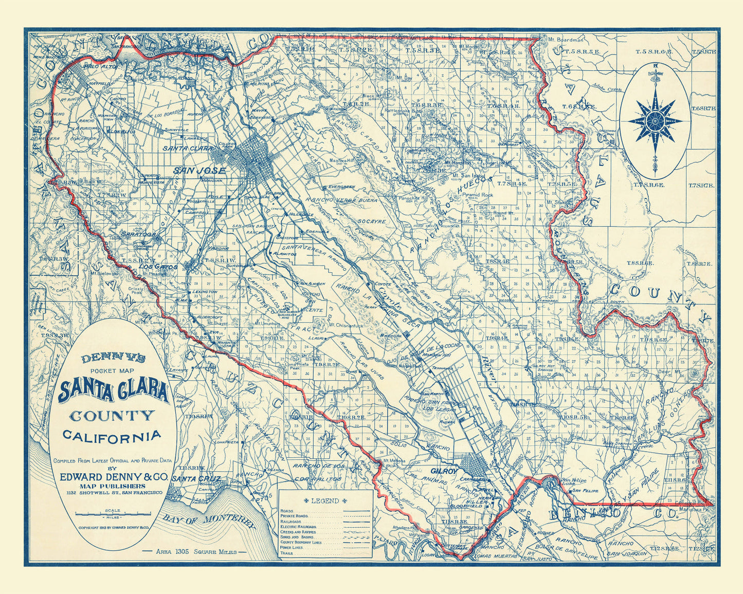 Vintage Map of Santa Clara County, California, 1913
