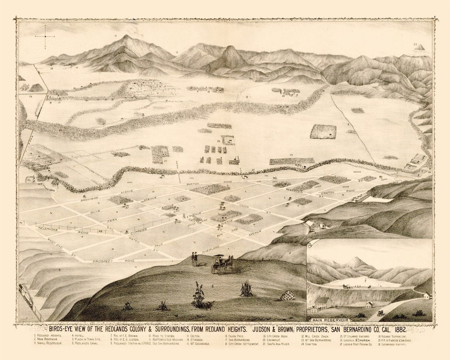 Vintage Map of Redlands, California, 1882