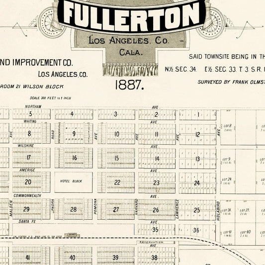 Vintage Map of Fullerton, California, 1887