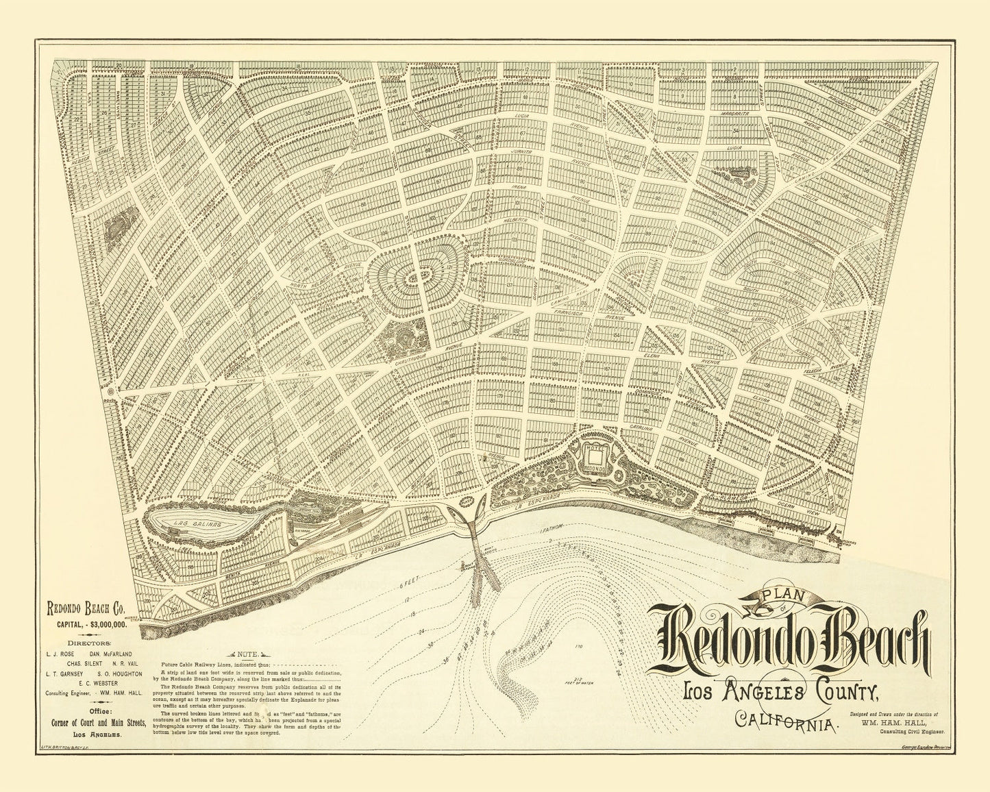 Vintage Map of Redondo Beach, Los Angeles County, California, 1888
