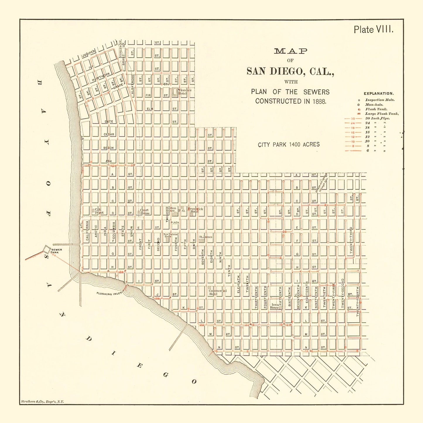 Vintage Map of San Diego, California, 1891