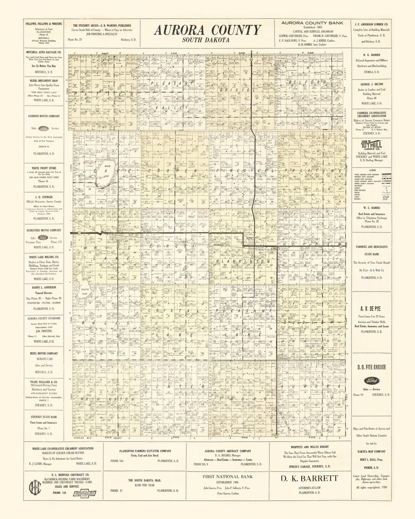 Vintage Map of Aurora County, South Dakota, 1930