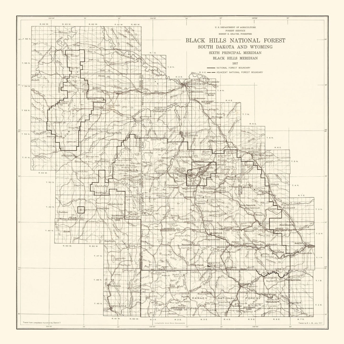 Vintage Black Hills National Forest Map, 1917