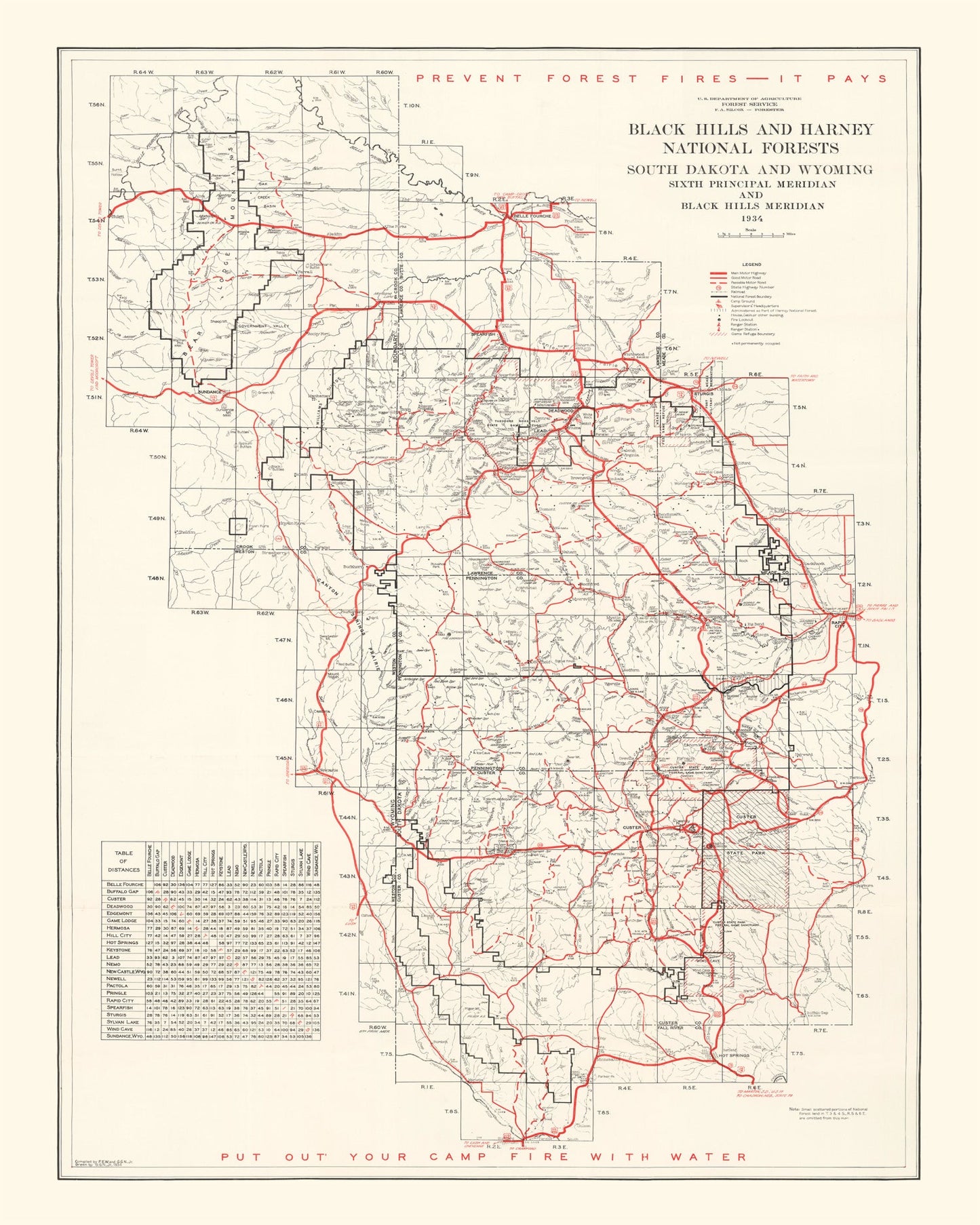 Vintage Map of the Black Hills and Harney National Forest, 1934