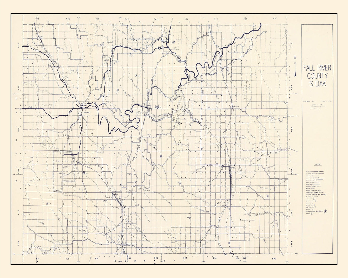 Vintage Map of Fall River County, South Dakota, 1951