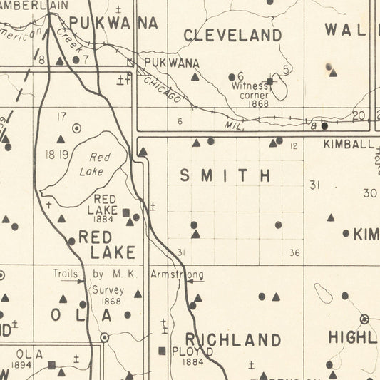 Vintage Map of Brule County, South Dakota, 1947