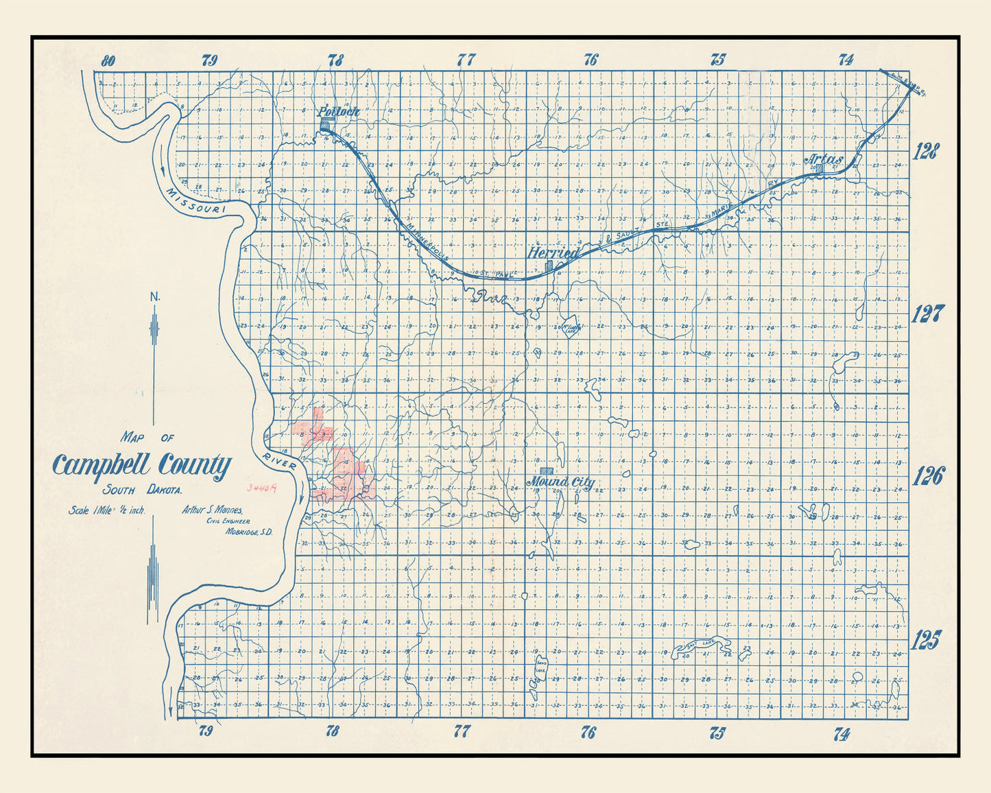 Vintage Map of Campbell County, South Dakota, 1947