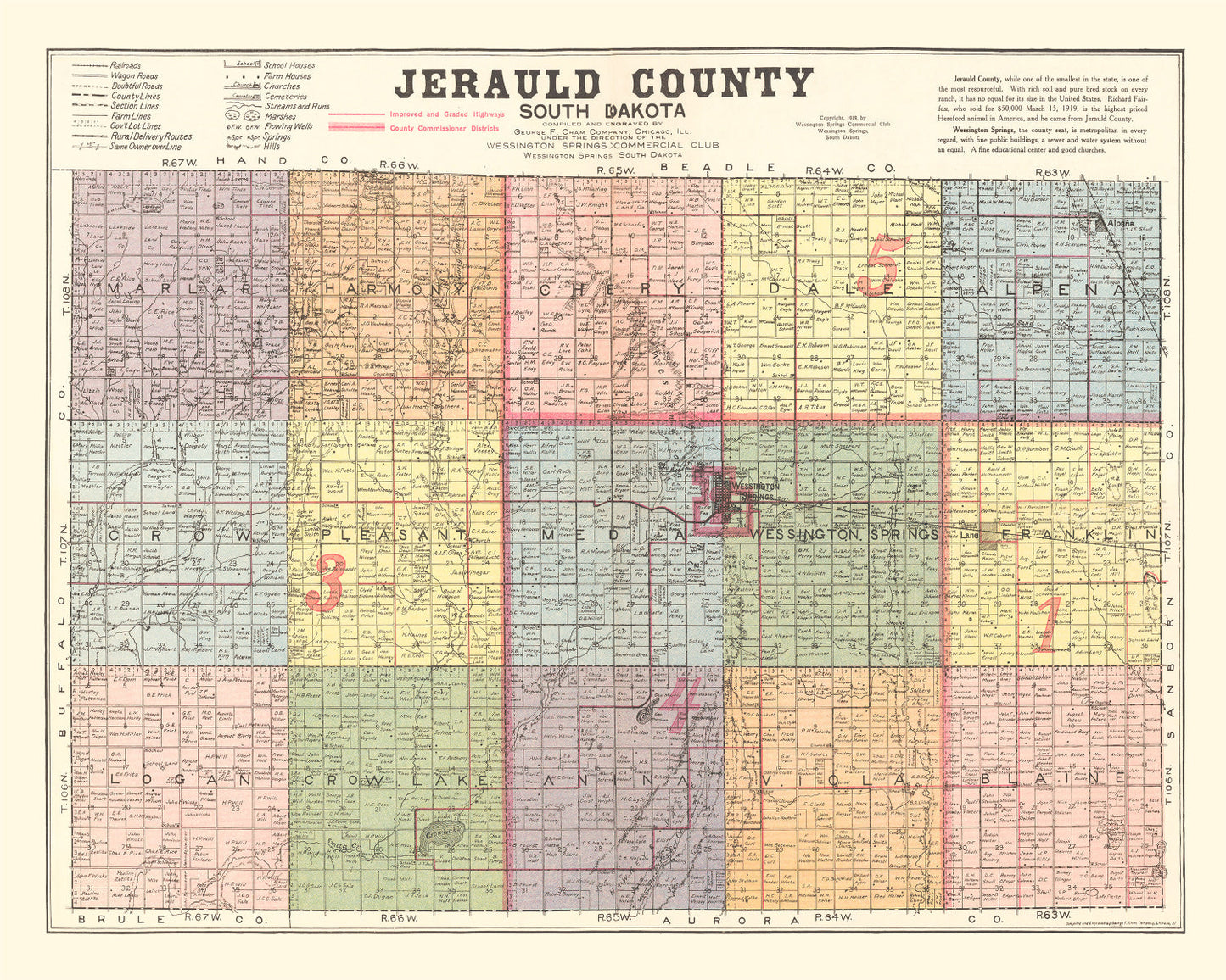 Vintage Map of Jerauld County, South Dakota, 1919