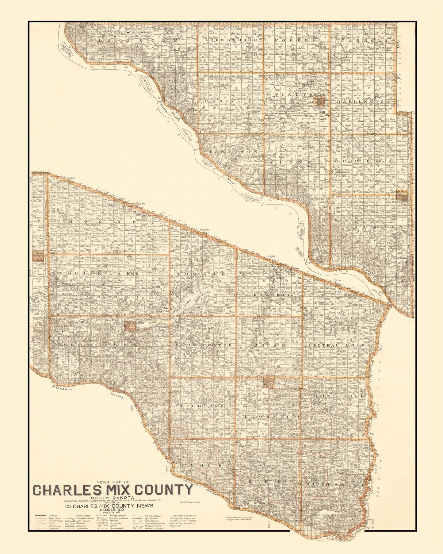 Vintage Map of Charles Mix County, South Dakota, 1909