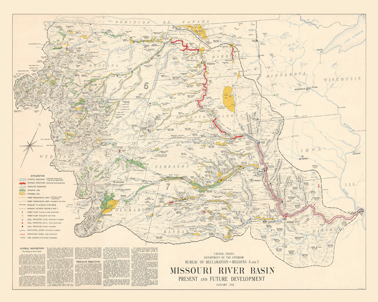 Vintage Missouri River Basin Map, 1952