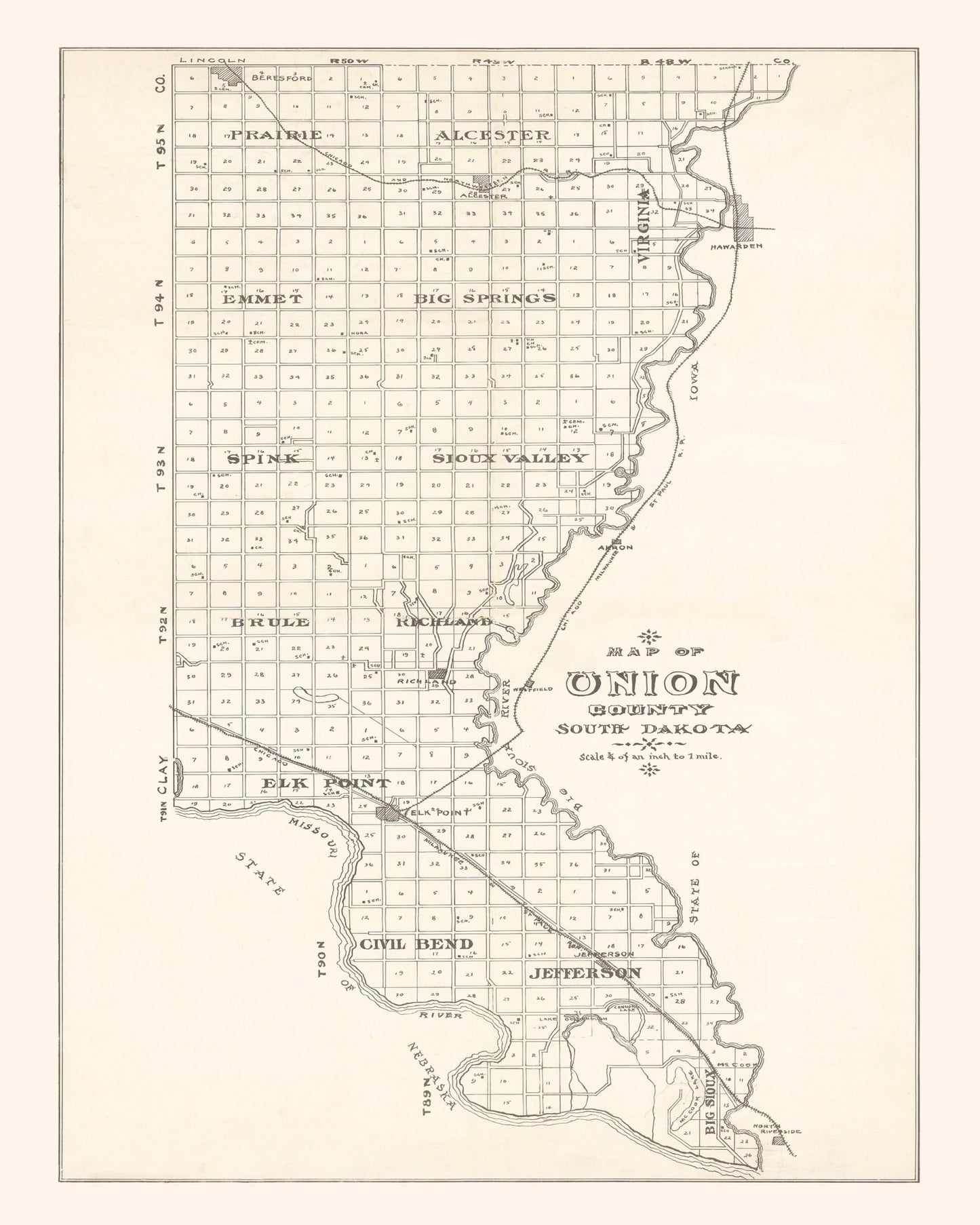 Vintage Map of Union County, South Dakota, 1900