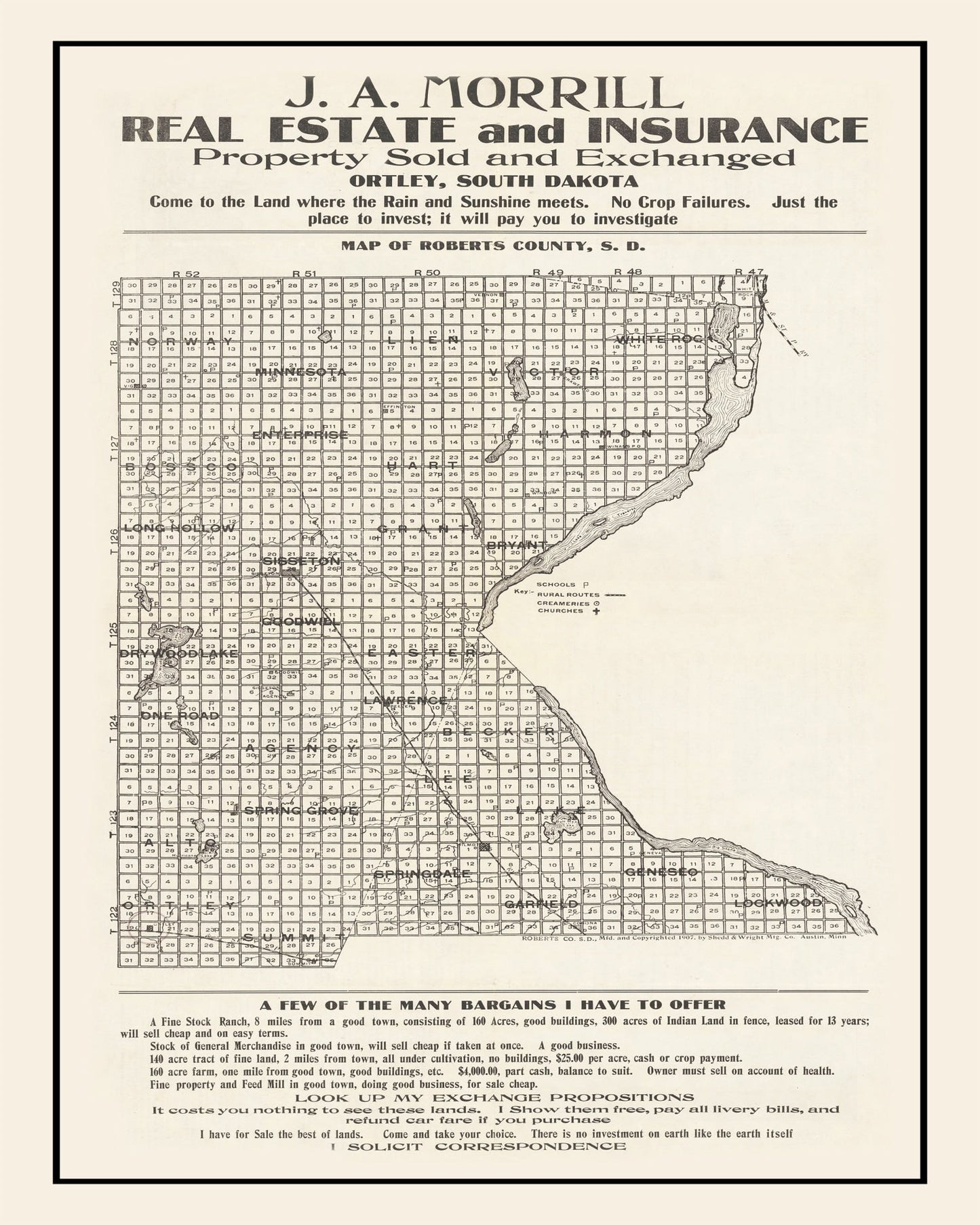 Vintage Map of Roberts County, South Dakota, 1907
