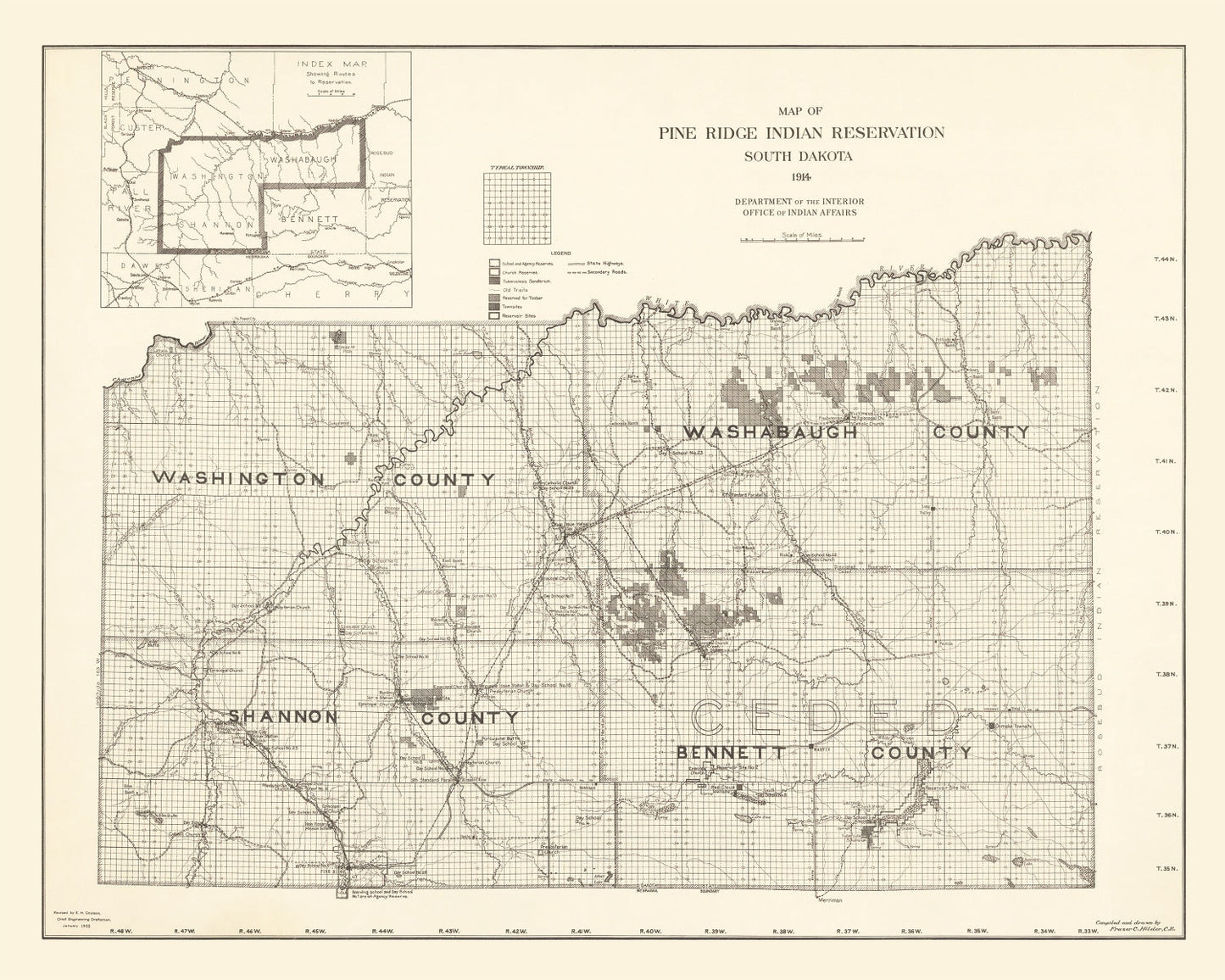 Vintage Pine Ridge Indian Reservation Map, 1914