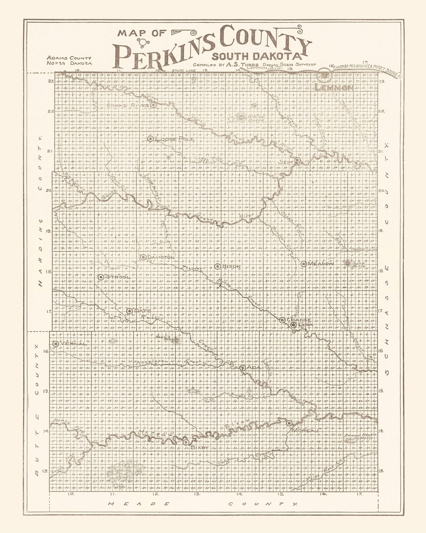 Vintage Map of Perkins County, South Dakota, 1919