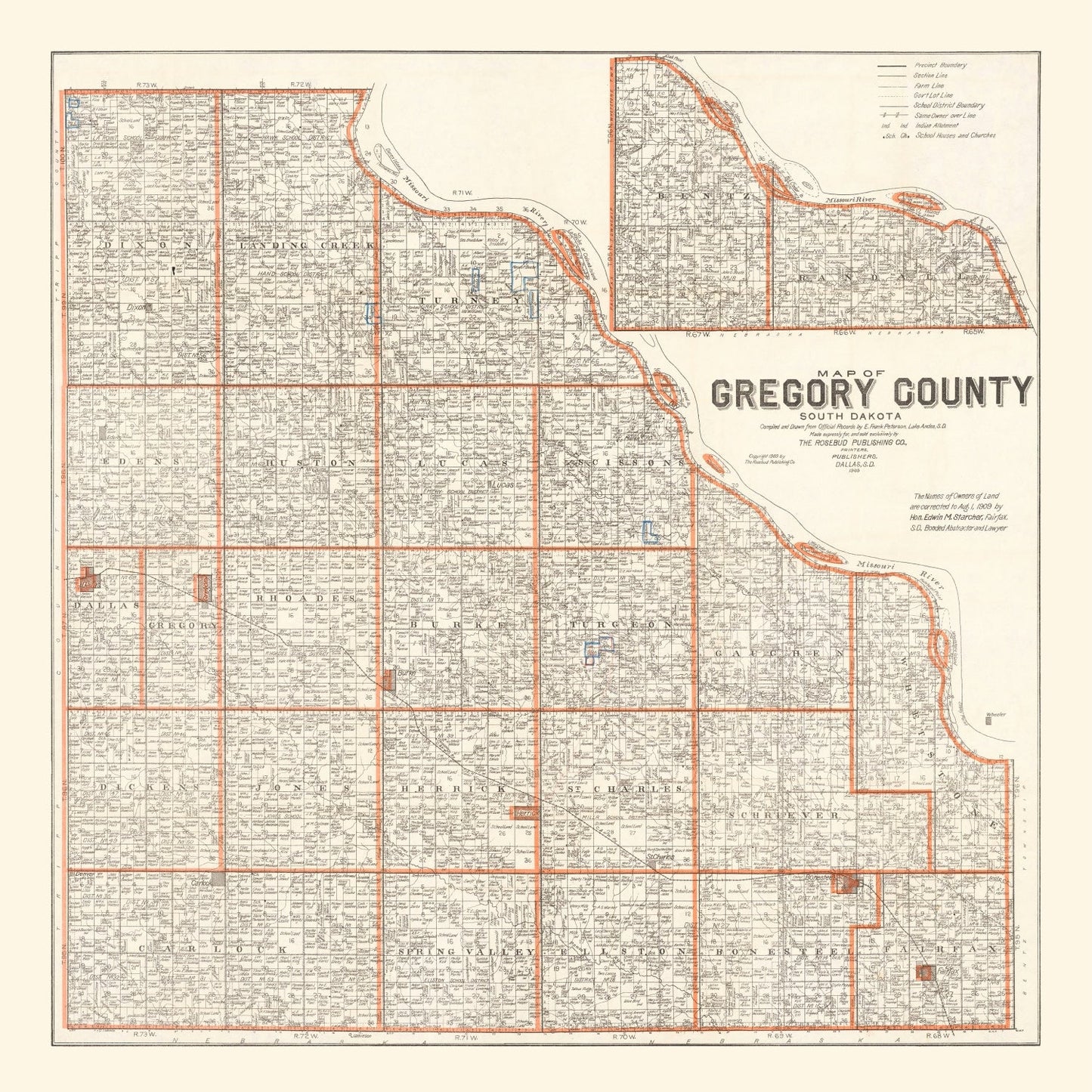 Vintage Map of Gregory County, South Dakota, 1909
