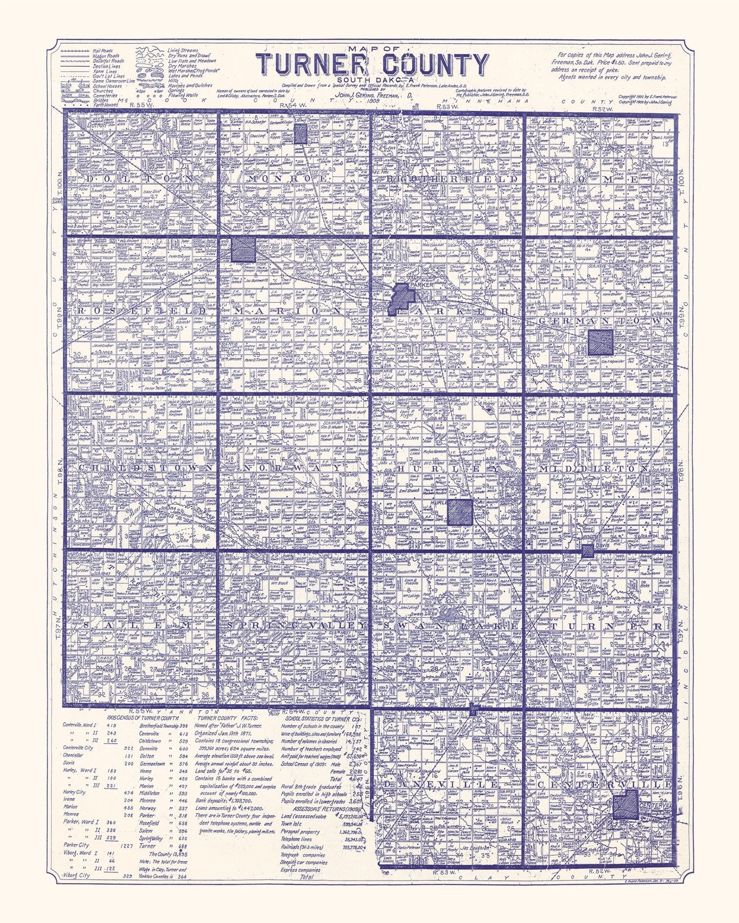 Vintage Map of Turner County, South Dakota, 1909