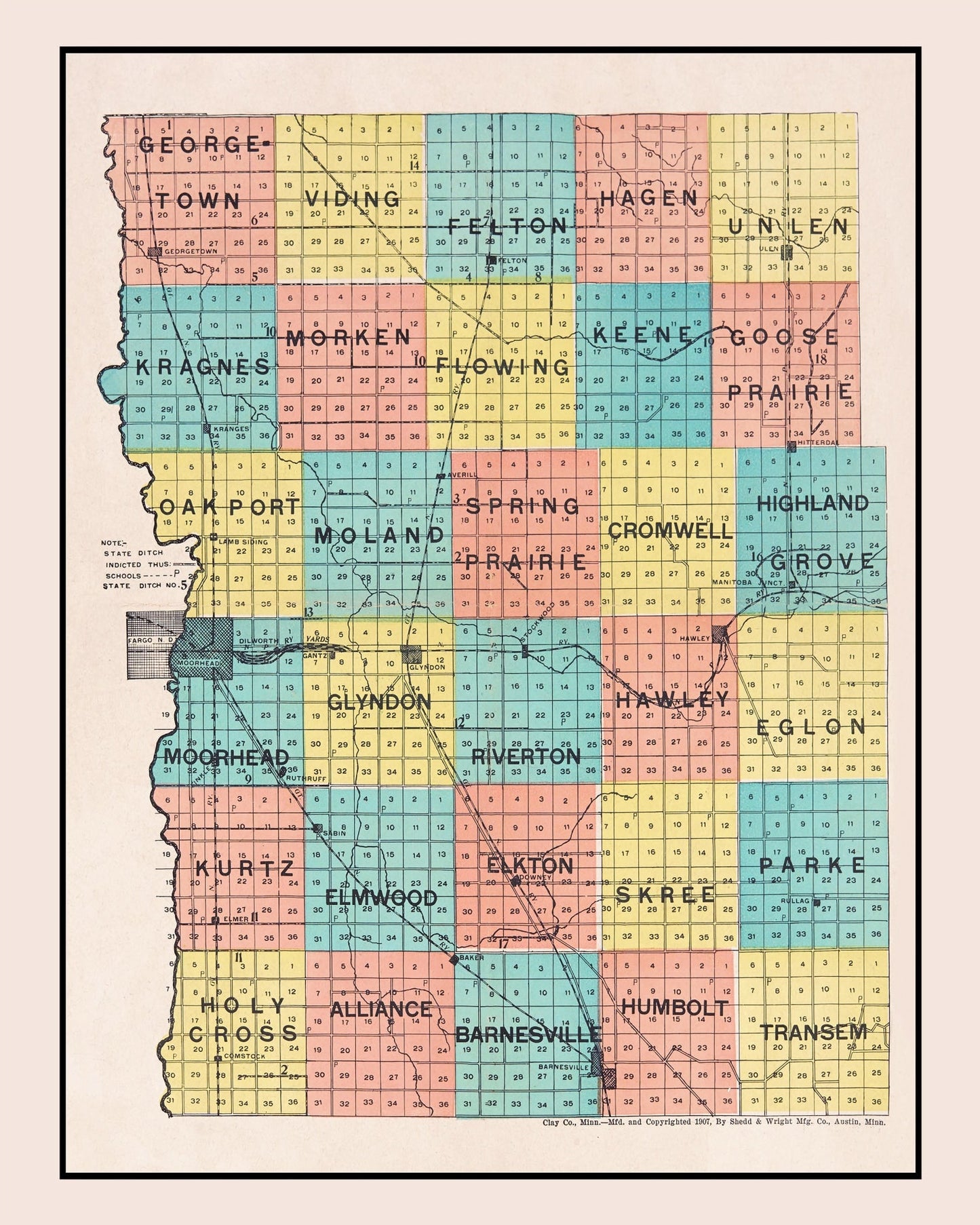 Vintage Map of Clay County, Minnesota, 1907