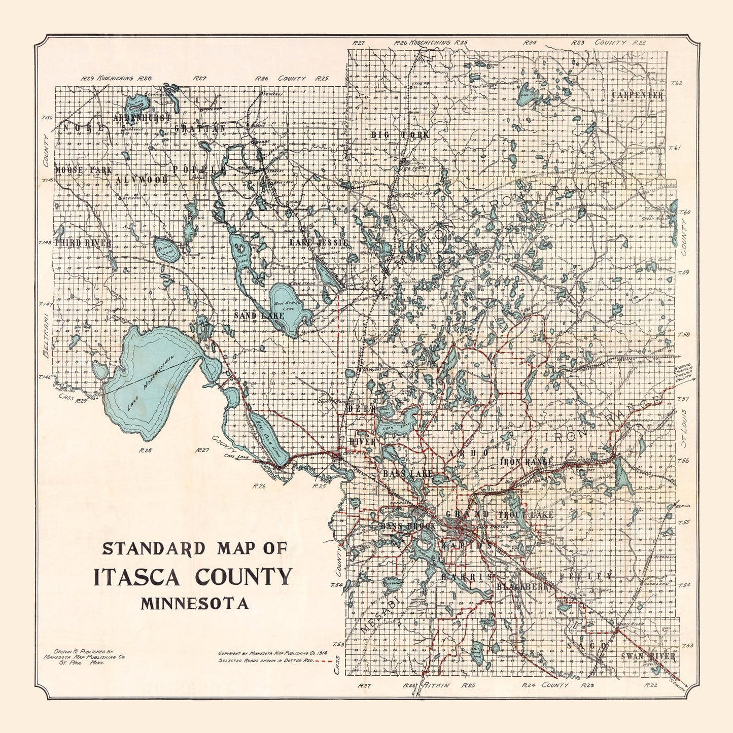 Vintage Map of Itasca County, Minnesota, 1914