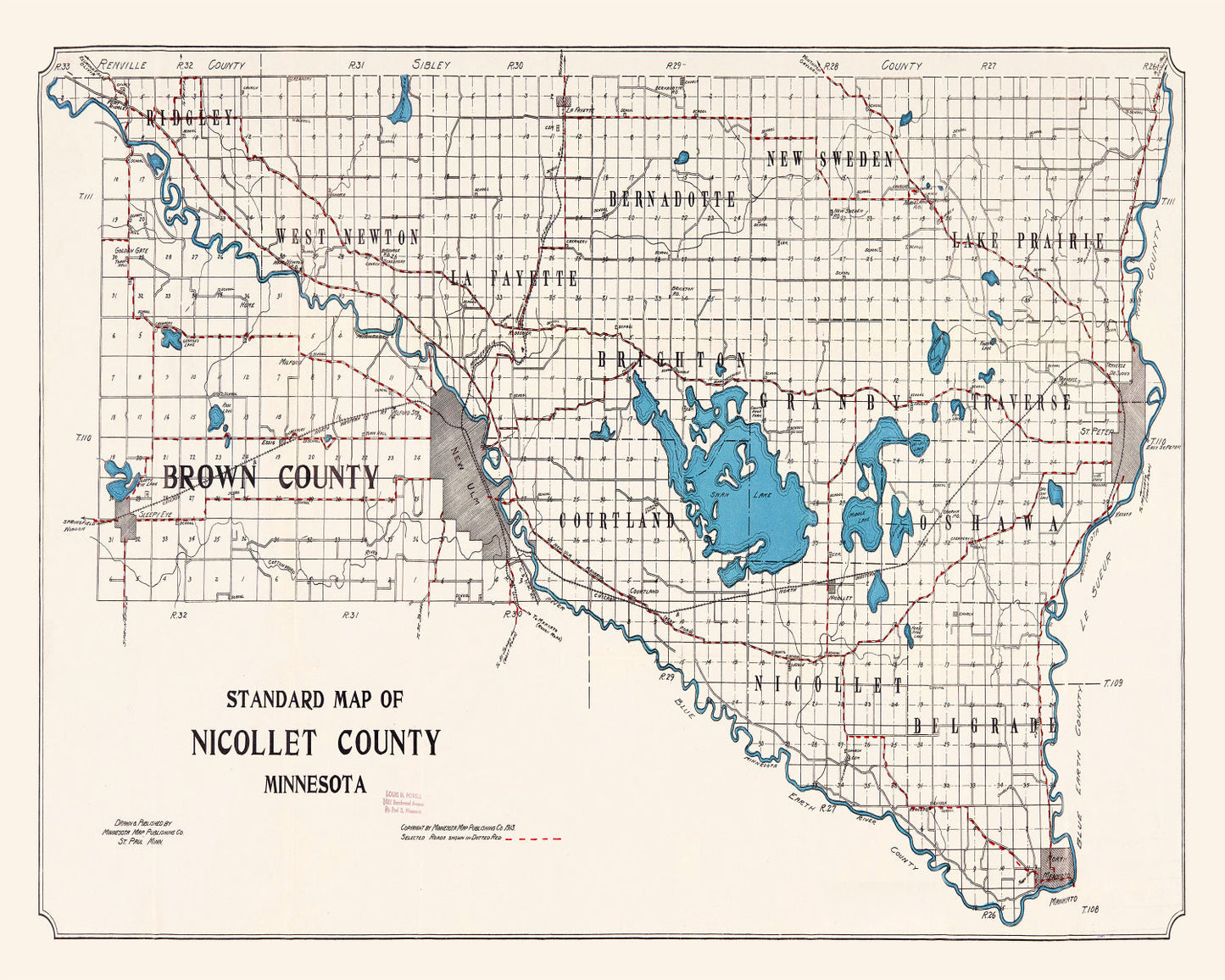 Vintage Map of Nicollet County, Minnesota, 1913