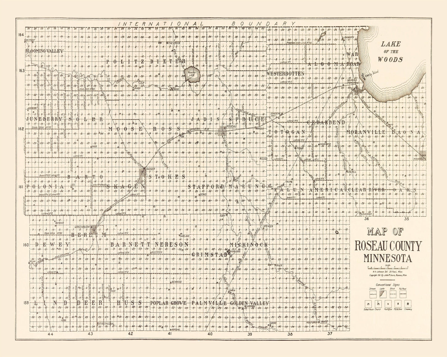 Vintage Map of Roseau County, Minnesota, 1911