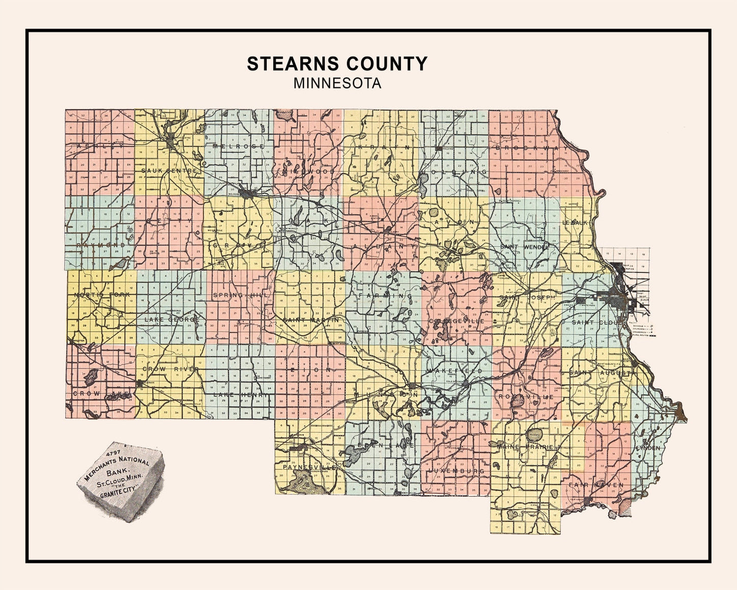 Vintage Map of Stearns County, Minnesota, 1907