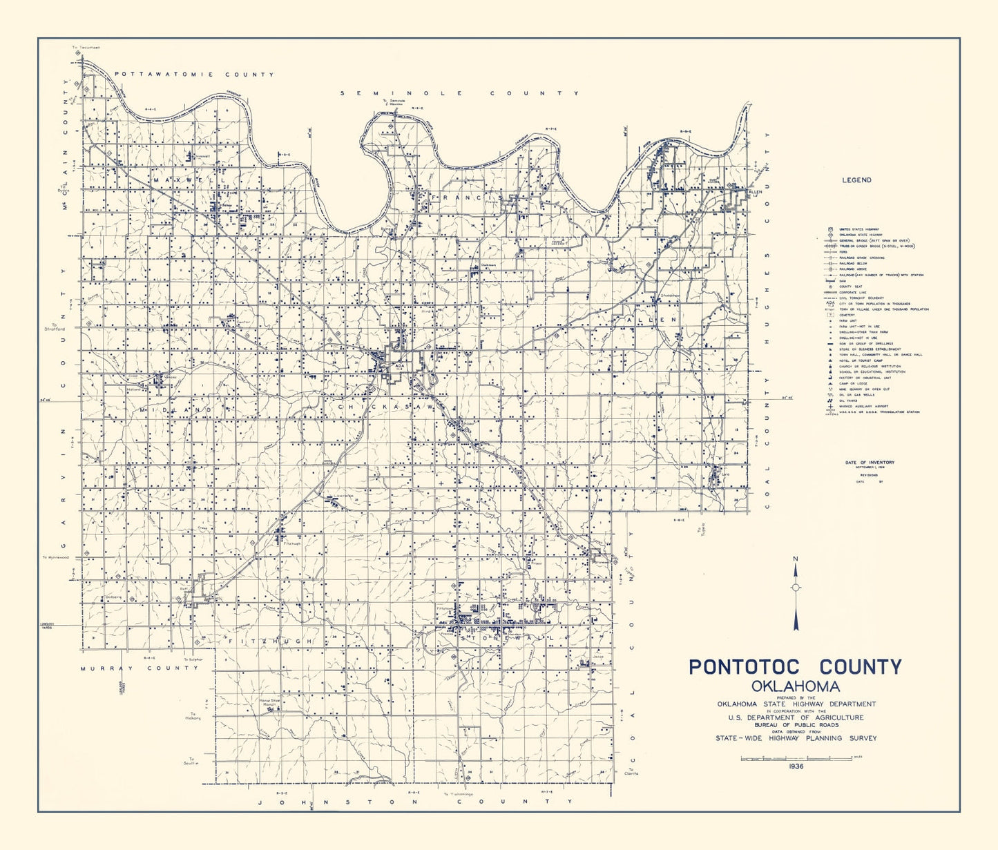 Vintage Map of Pontotoc County, Oklahoma, 1936