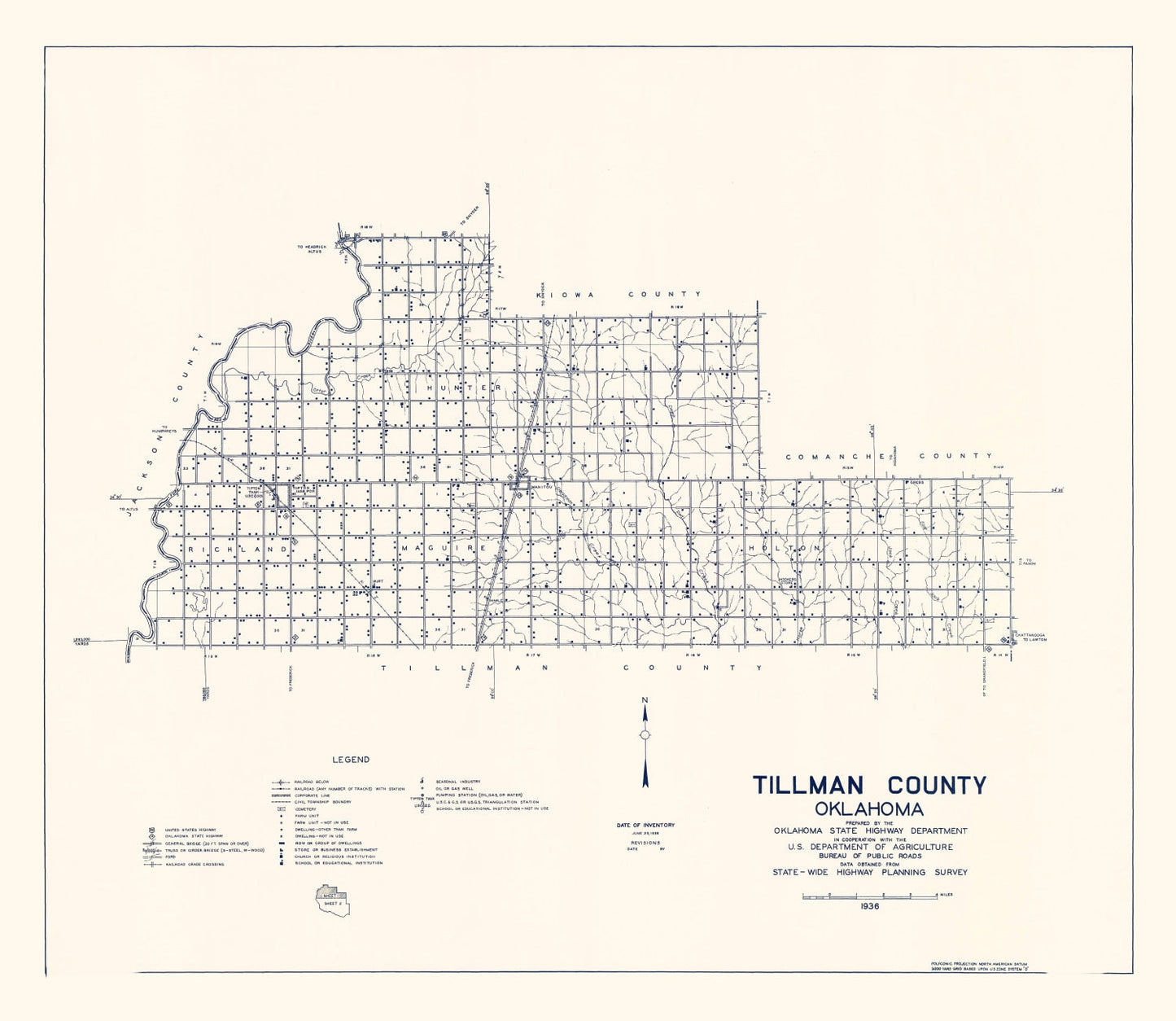 Vintage Map of Tillman County, Oklahoma, 1936