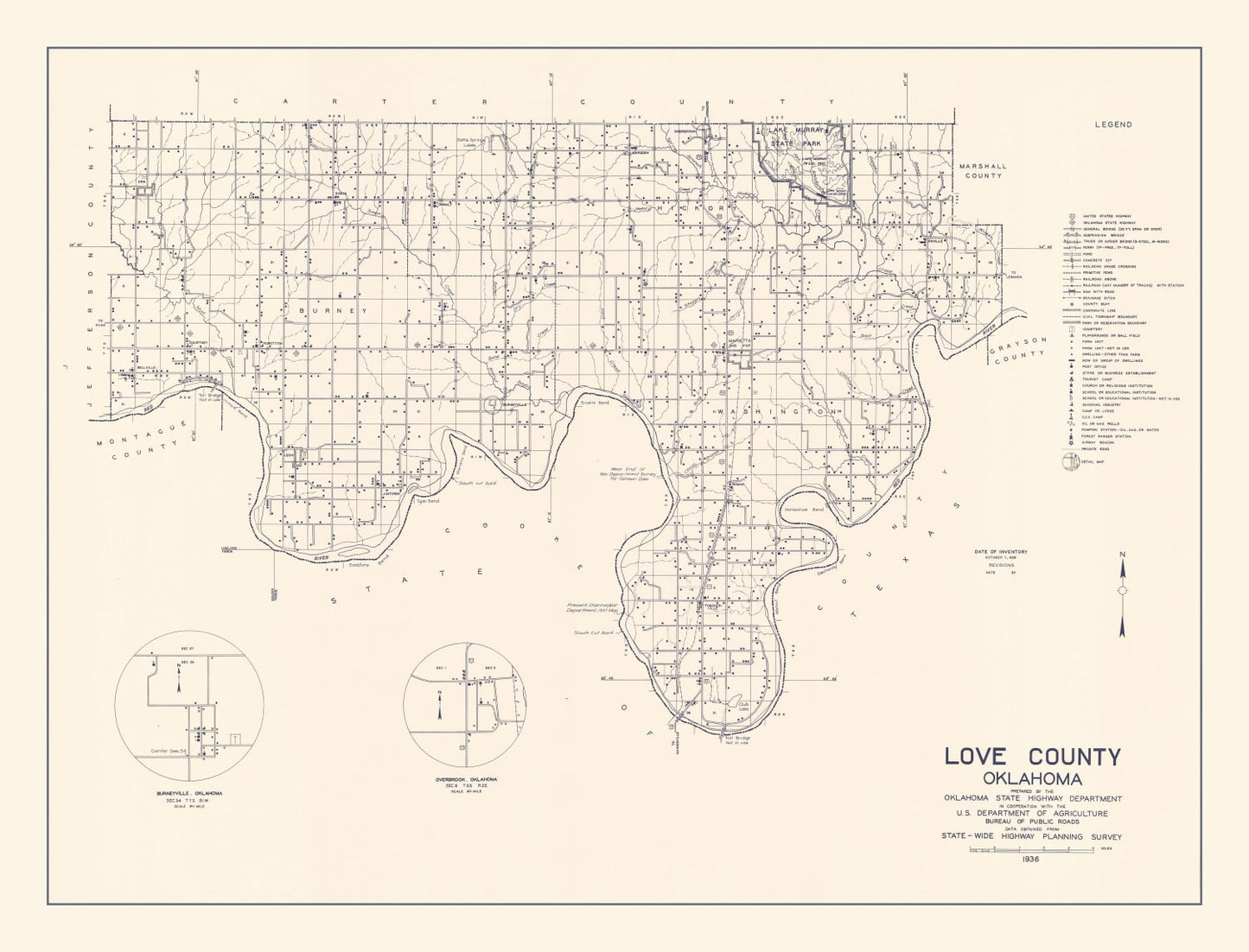 Vintage Map of Love County, Oklahoma, 1936