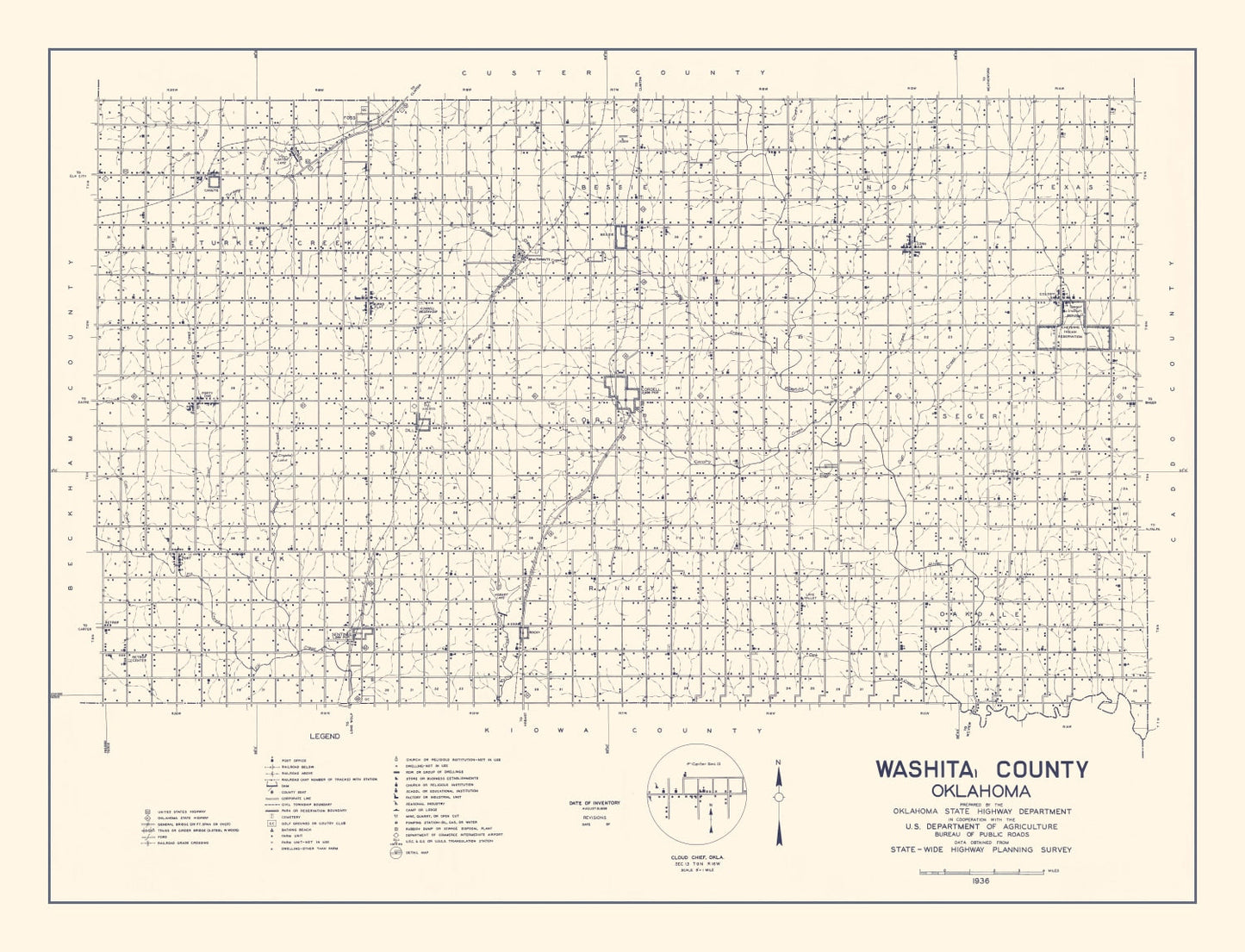Vintage Map of Washita County, Oklahoma 1936 - Edition II