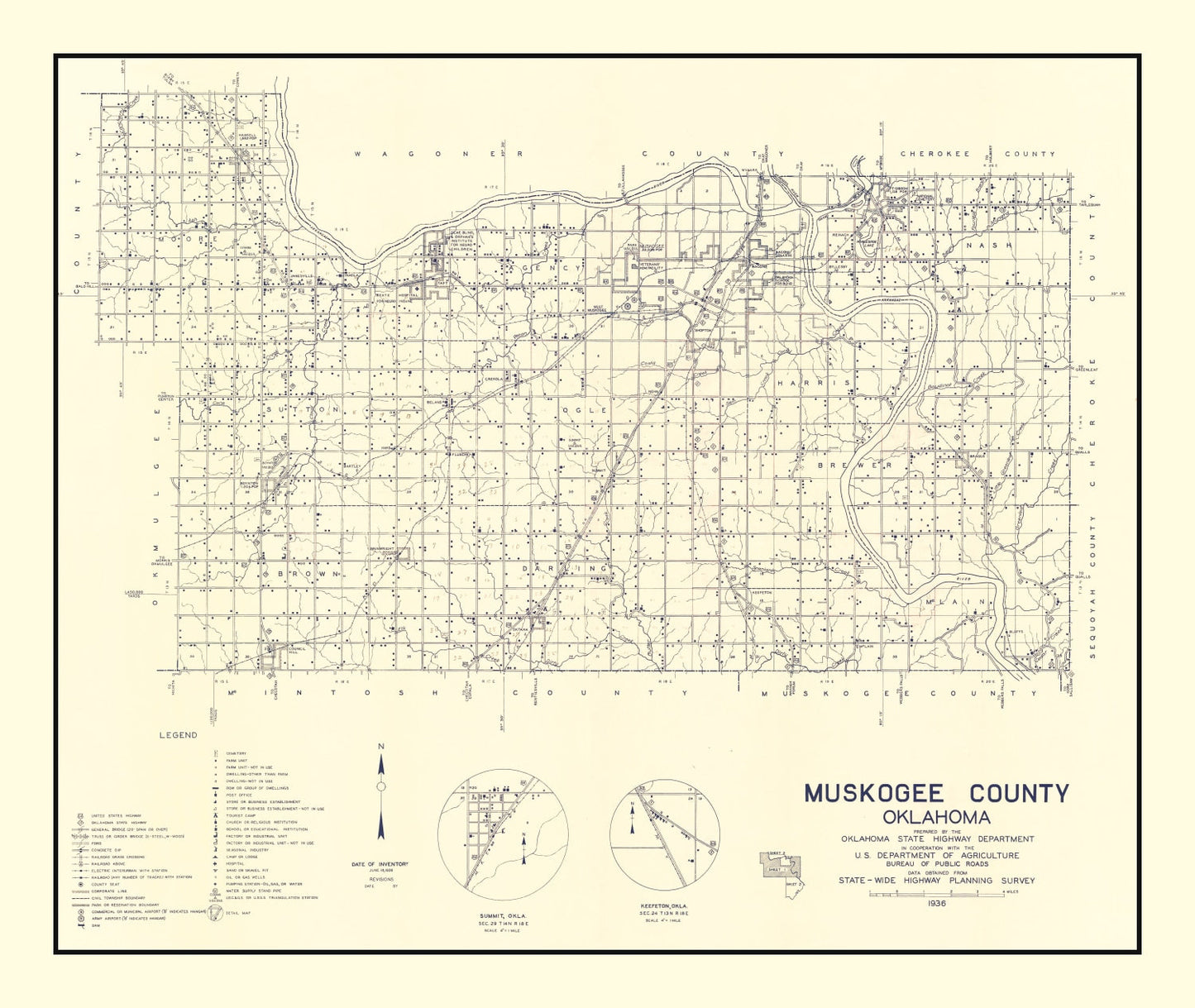 Vintage Map of Muskogee County, Oklahoma, 1936