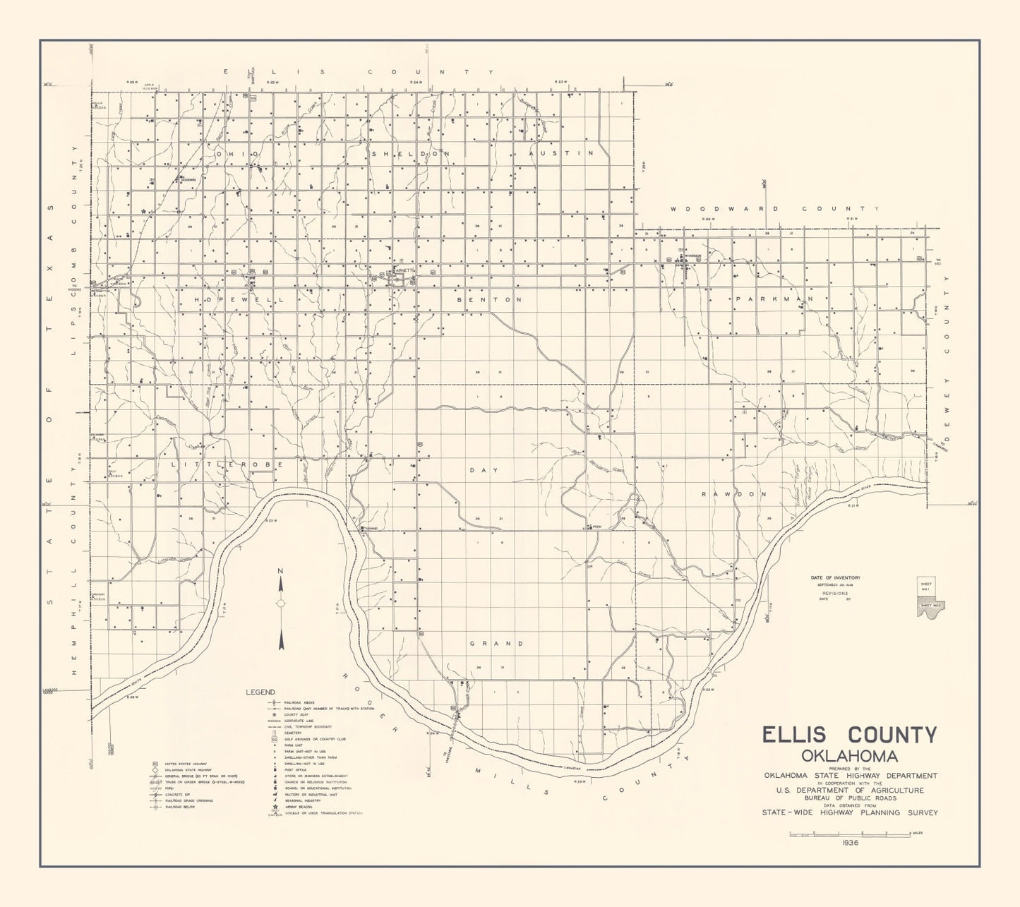 Vintage Map of Ellis County, Oklahoma, 1936
