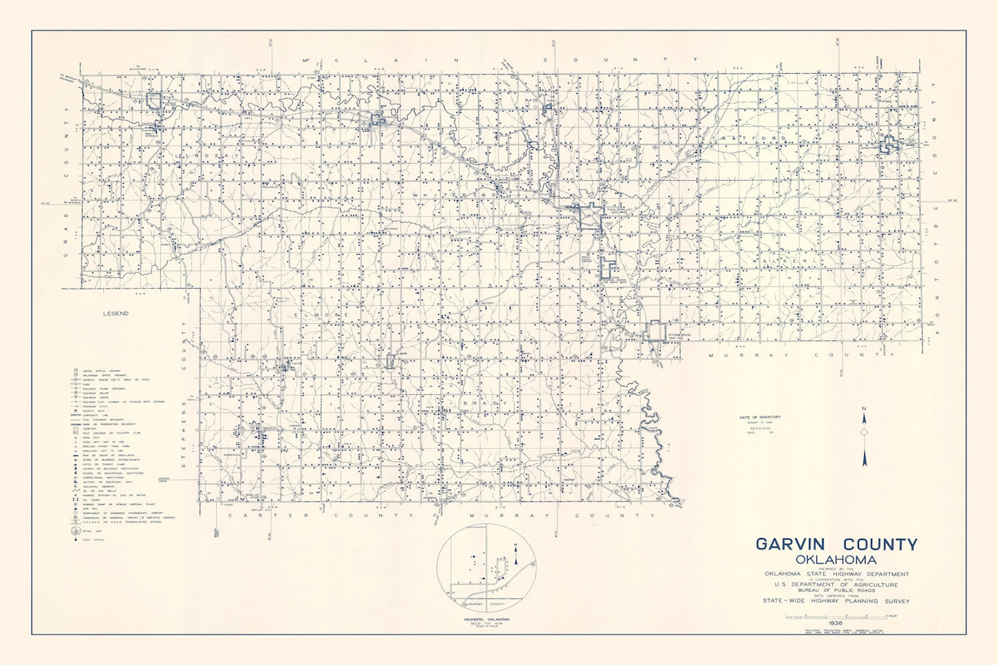Vintage Map of Garvin County, Oklahoma, 1936
