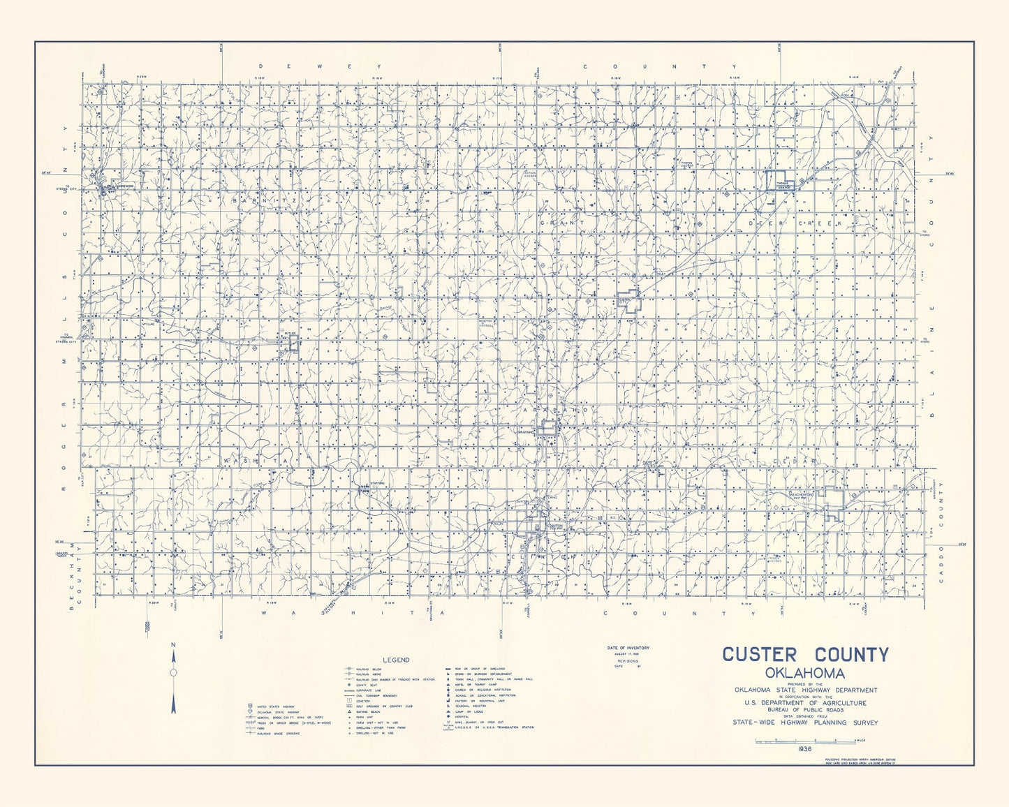 Vintage Map of Custer County, Oklahoma, 1936