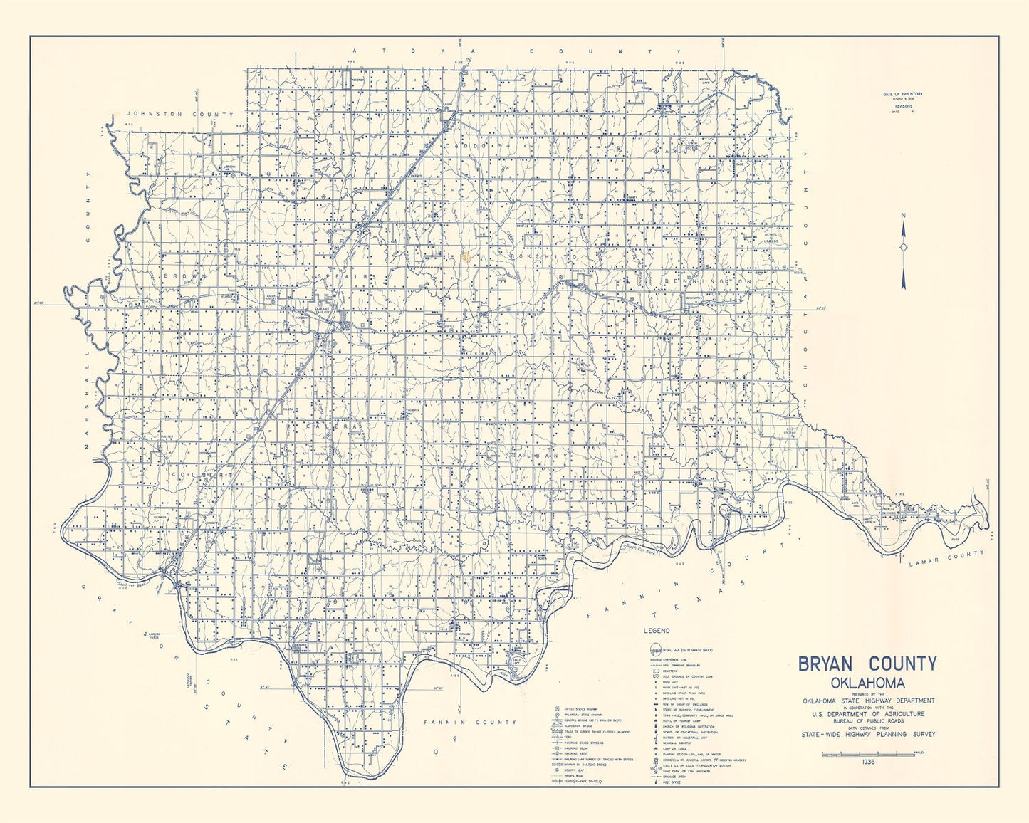 Vintage Map of Bryan County, Oklahoma, 1936