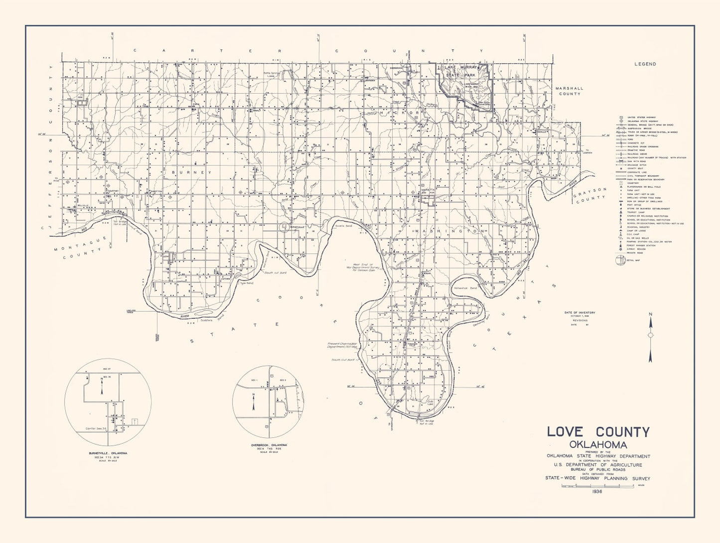 Vintage Map of Love County, Oklahoma, 1936 II