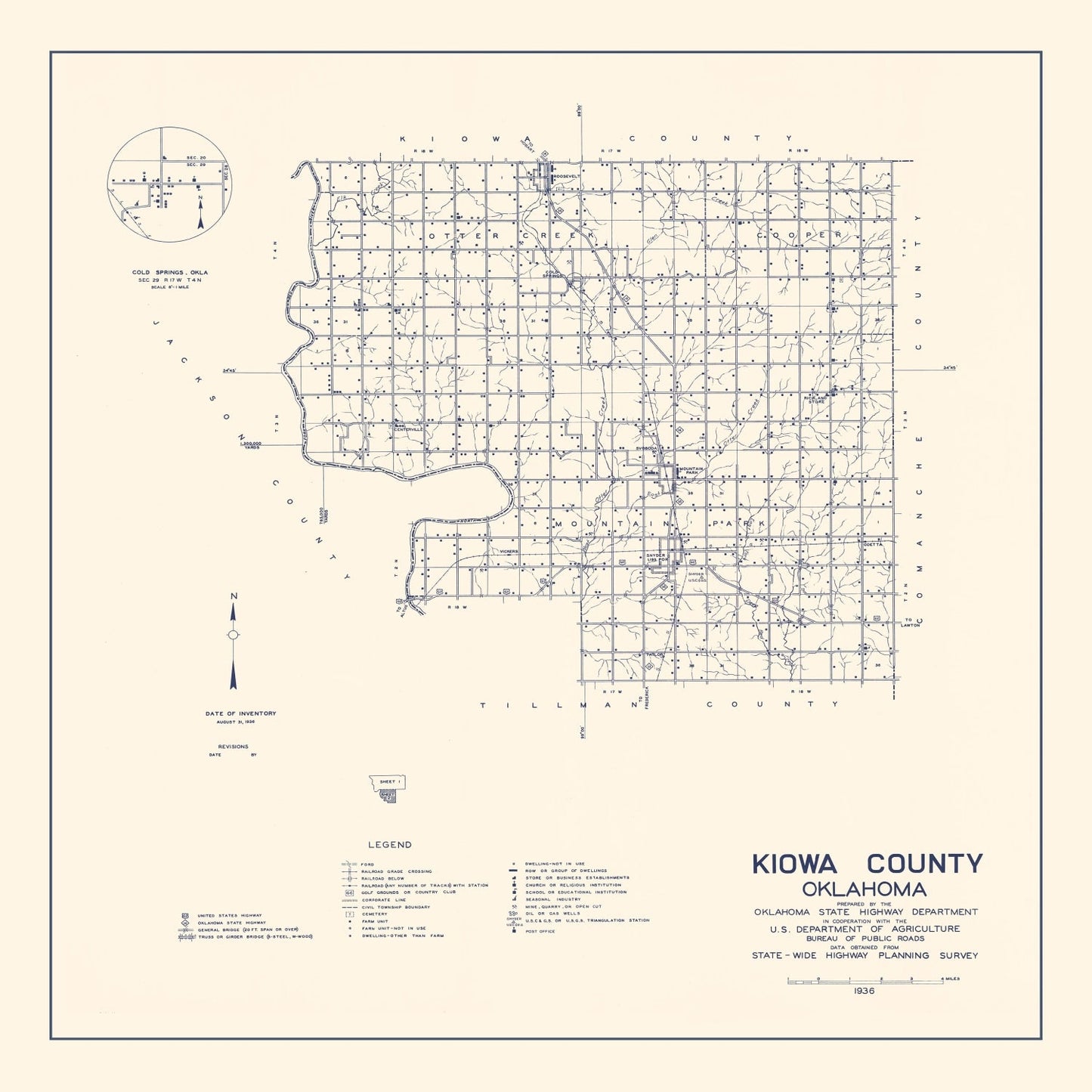 Vintage Map of Kiowa County, Oklahoma, 1936