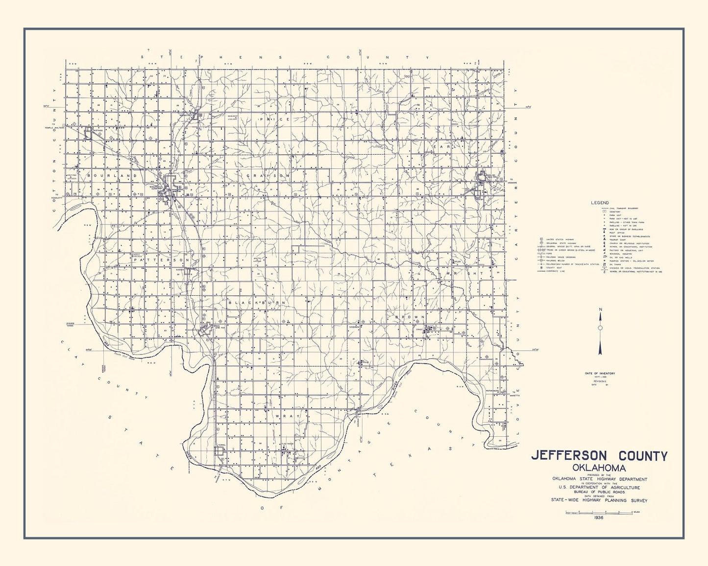 Vintage Map of Jefferson County, Oklahoma, 1936