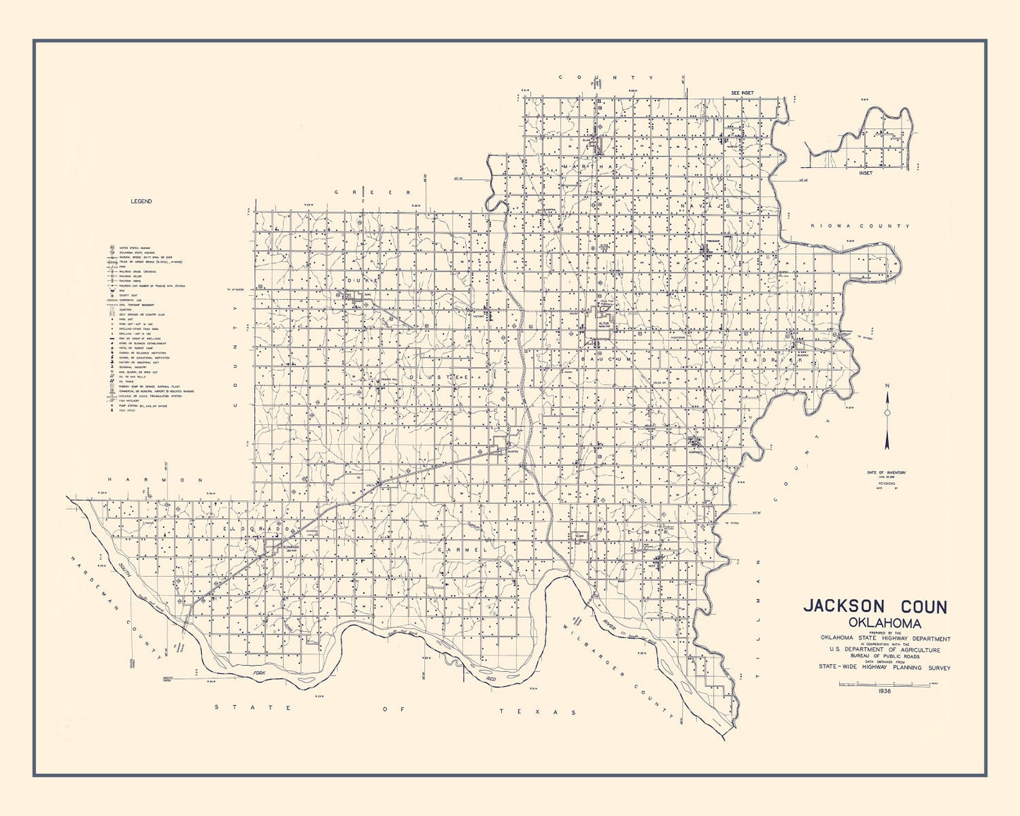 Vintage Map of Jackson County, Oklahoma, 1936