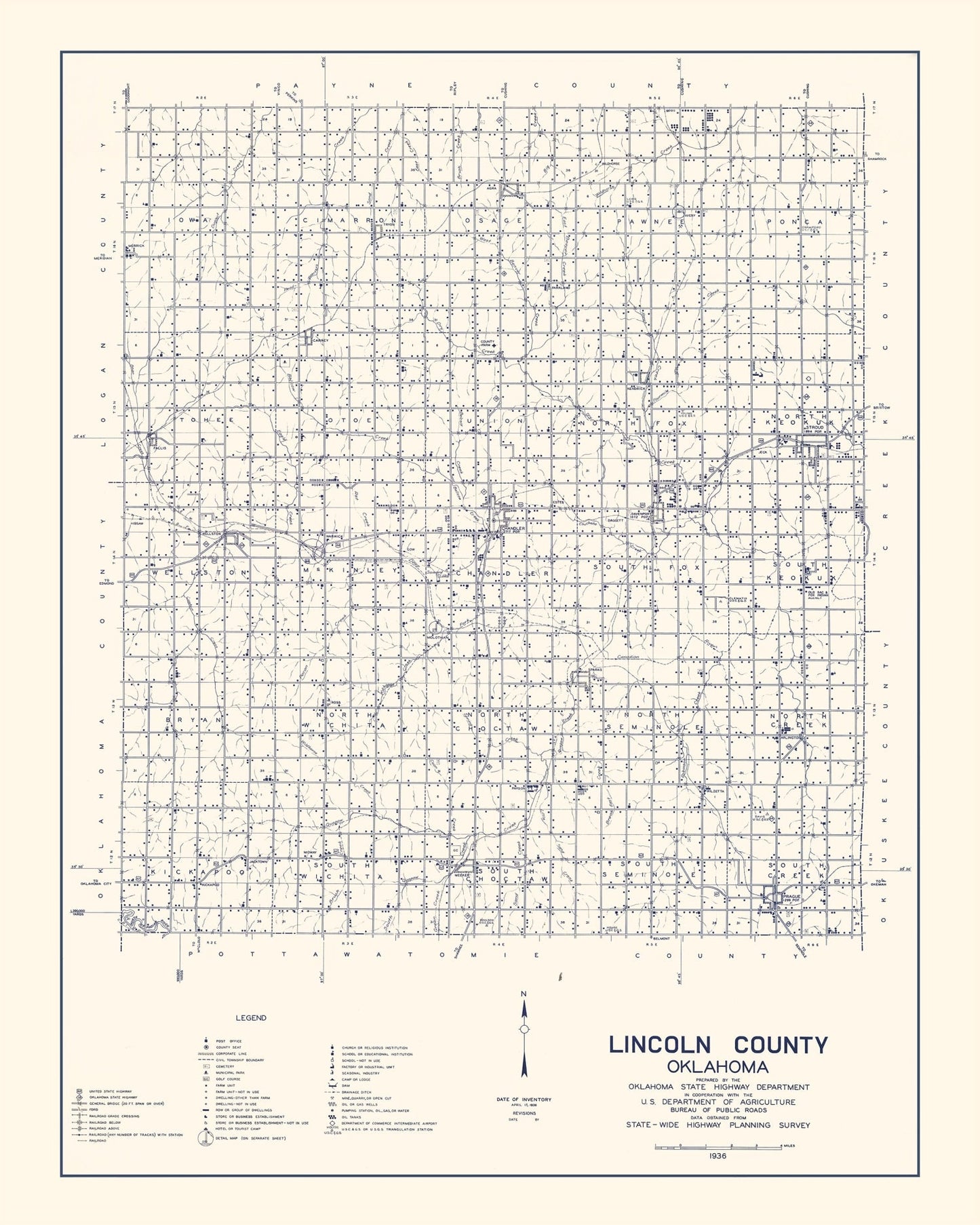 Vintage Map of Lincoln County, Oklahoma, 1936