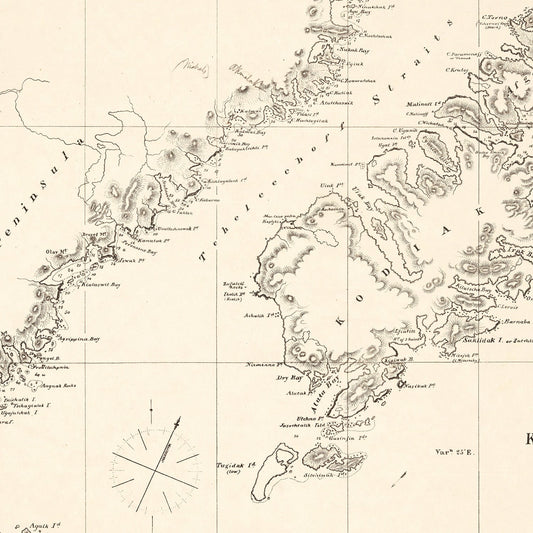 Vintage Kodiak Island, Alaska Map, 1869