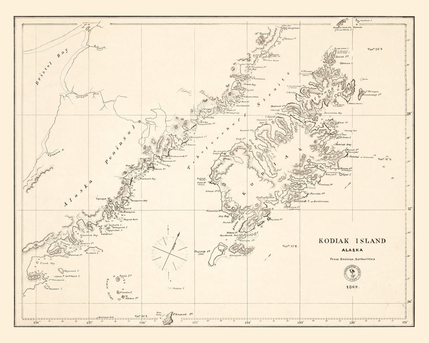 Vintage Kodiak Island, Alaska Map, 1869