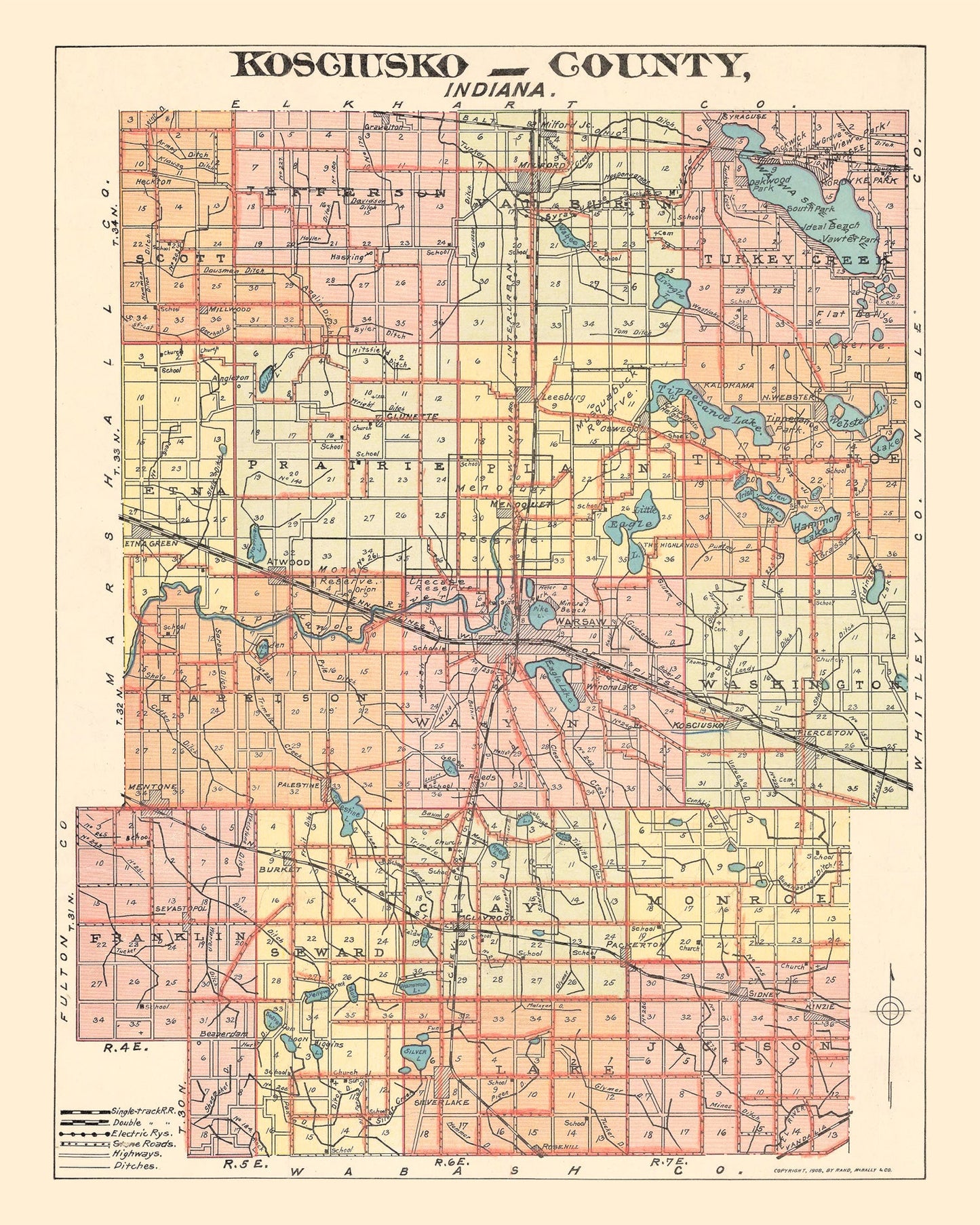 Vintage Map of Kosciusko County, Indiana, 1908
